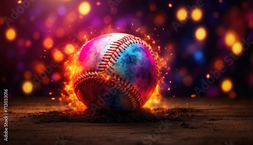 Leather baseball ball in a colorful explosion of fire energy and movement photo
