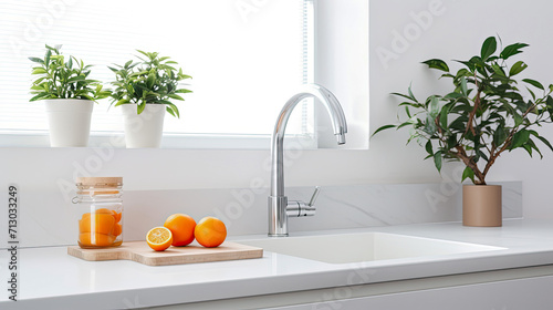 Modern white minimalistic kitchen interior details. Stylish white quartz countertop with kitchen sink with water tap, oranges and potted plant.Generative AI