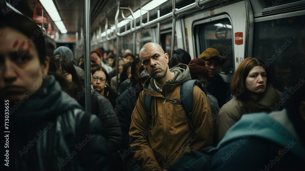 City Travel Rhythms: Men Riding the Vibrant Subway, generative ai