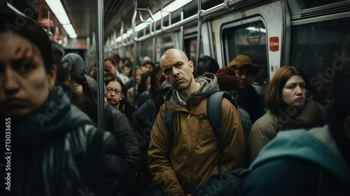 City Travel Rhythms: Men Riding the Vibrant Subway, generative ai
