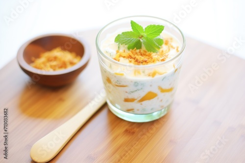 banana raita in a glass bowl with a honey drizzle