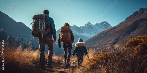 family hiking in the mountains photo