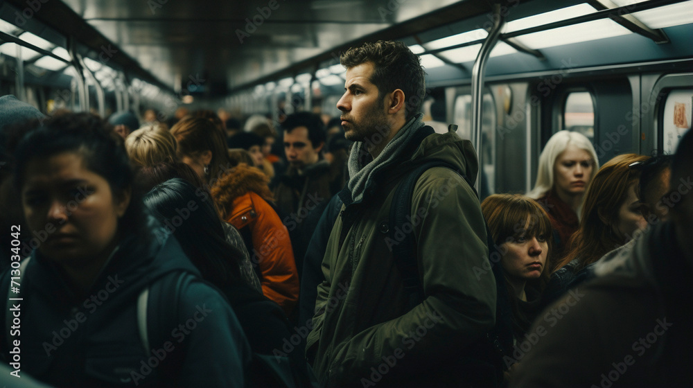 City Commuting Chronicles: Men Tackling the Crowded Metro, generative ai