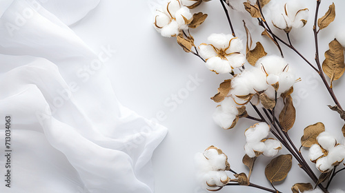 Branch with white fluffy cotton flowers on beige background flat lay. Delicate light beauty cotton background. generative ai