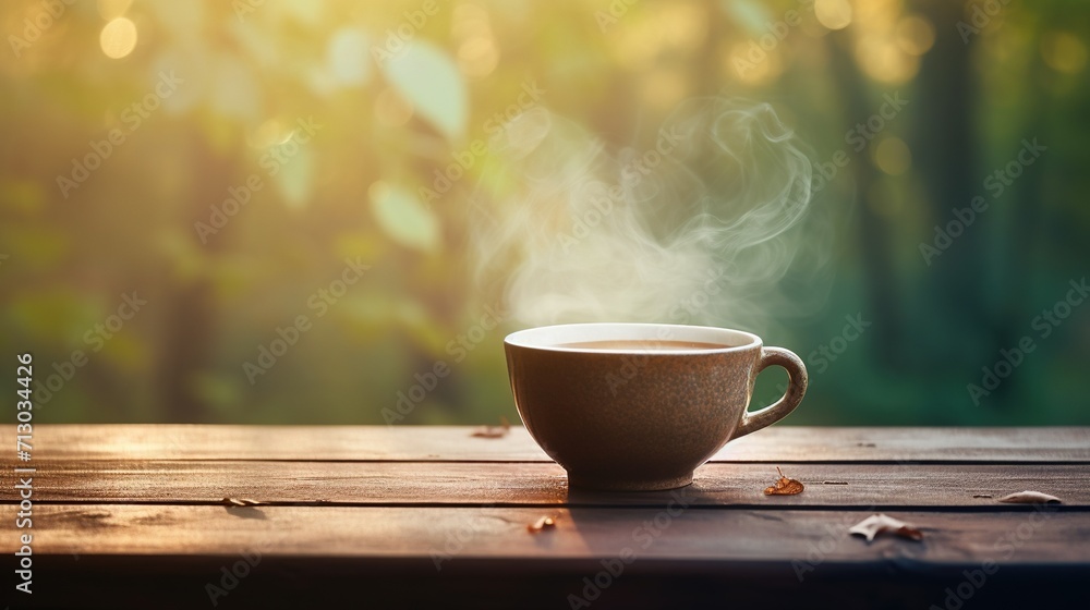 A steaming cup of tea delicately placed on a rustic wooden table, with a serene blurred forest background A steaming cup of tea delicately placed on a rustic wooden table, with a serene blurred forest background