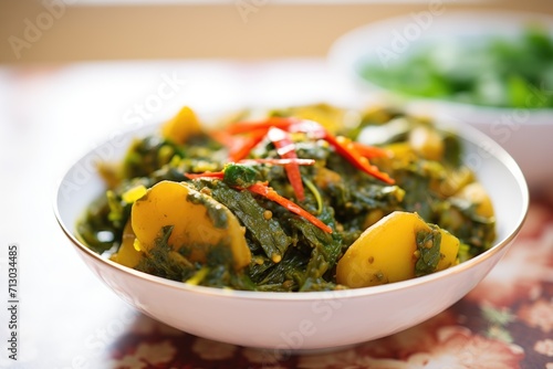 close-up of saag aloo, vibrant spinach and potatoes photo