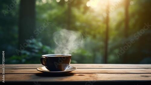 A steaming cup of tea delicately placed on a rustic wooden table, with a serene blurred forest background