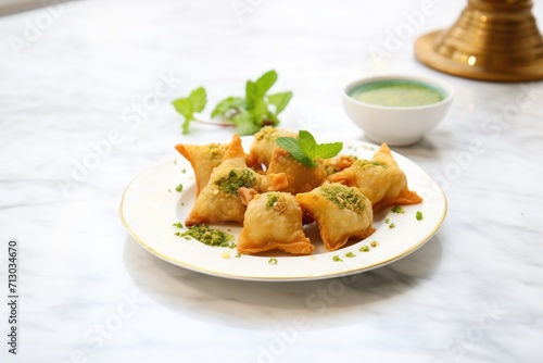 plate of samosas with mint chutney on a marble table