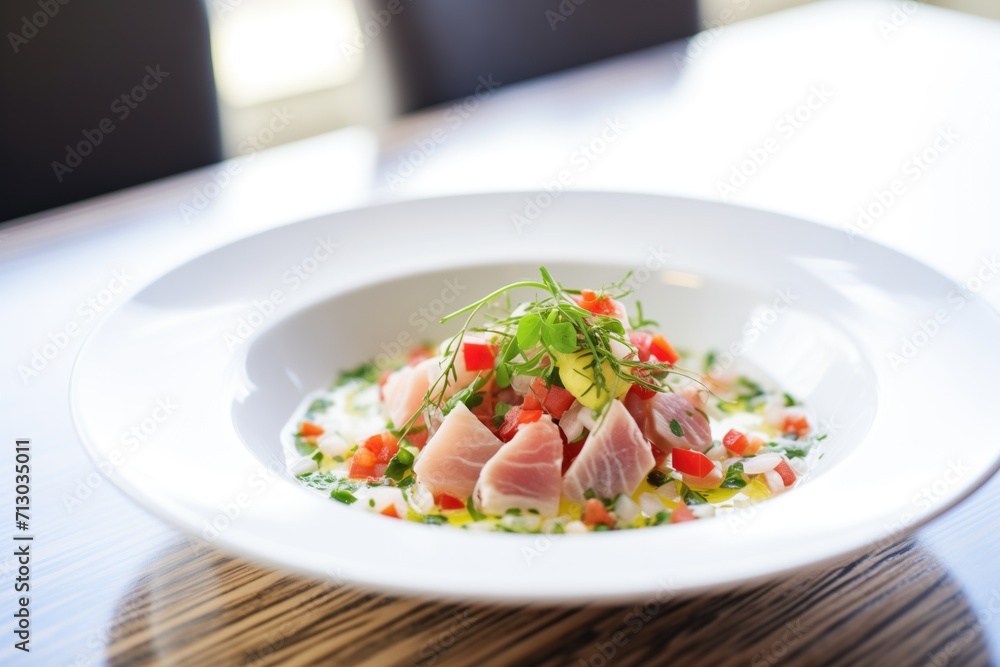 tuna steak ceviche in lime juice with cilantro garnish tuna steak ceviche in lime juice with cilantro garnish