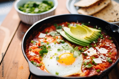 shakshuka with avocado slices on top, seeds aside