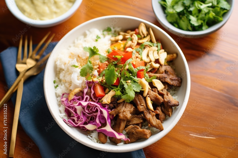 beef shawarma bowl with rice, toppings, and a fork nearby beef shawarma bowl with rice, toppings, and a fork nearby
