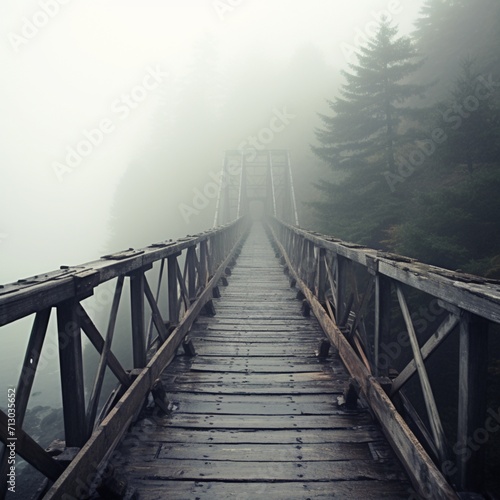 Nice view wooden bridge fog disappeared images Generative AI