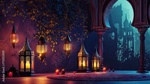 A mystical night scene at a mosque with hanging lanterns, a starry sky, and reflections on water, symbolizing tranquility.