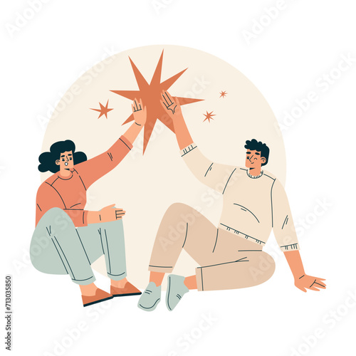 Man and Woman Character Giving High Five Hand Gesture with Joy Vector Illustration