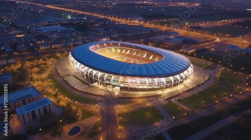 Aerial view on soccer stadium in evening time, photo