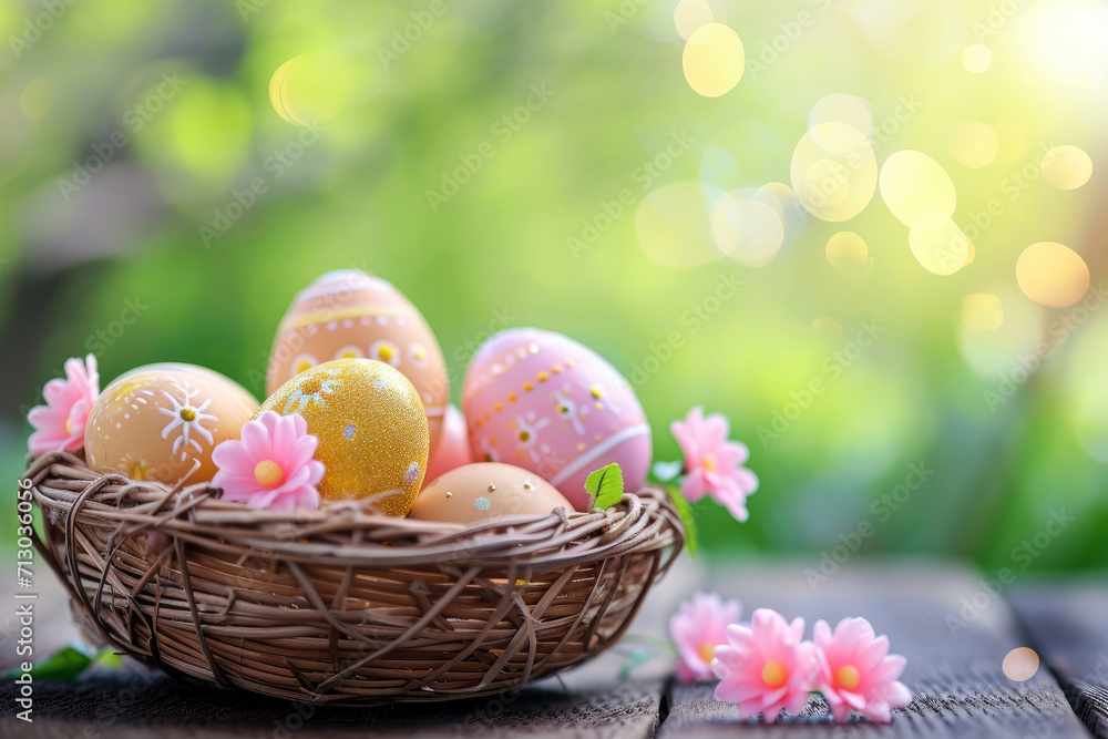 Easter basket with Easter eggs on wooden table , green background. ai generative Easter basket with Easter eggs on wooden table , green background. ai generative