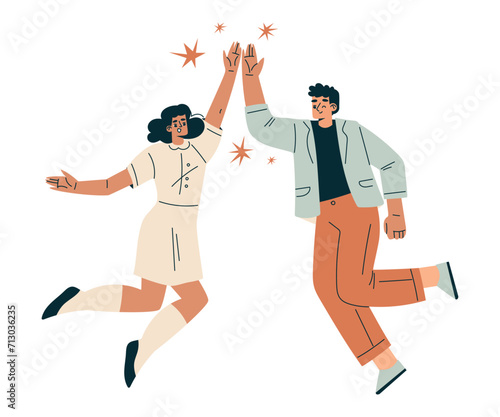 Man and Woman Character Giving High Five Hand Gesture with Joy Vector Illustration