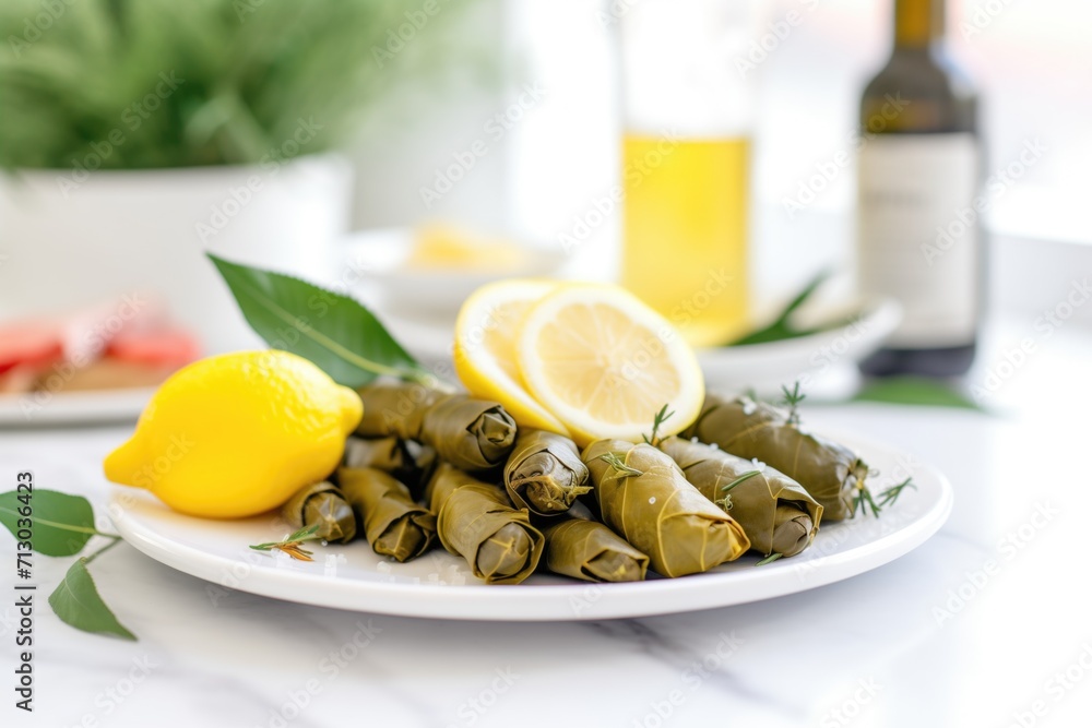 close-up of stuffed vine leaves on white plate, lemon slices on side close-up of stuffed vine leaves on white plate, lemon slices on side