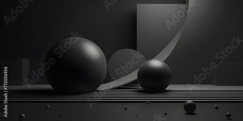 A white egg sits on a plate next to a black egg, Black halved sphere podium, pedestal or platform with black spheres on the floor, Sphere on podium with stairs. 