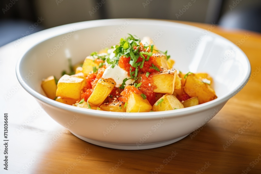 patatas bravas in a bowl with spicy tomato sauce patatas bravas in a bowl with spicy tomato sauce