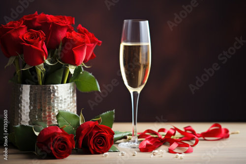 Bouquet of red roses and a glass of champagne on a wooden table