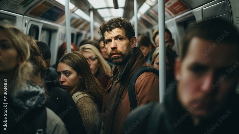 Metropolitan Mosaic: Men Navigating the Crowded Commute, generative ai