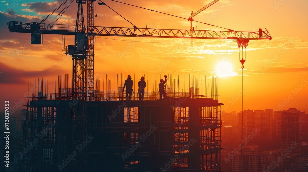Construction worker on a under construction building and crane against sunset