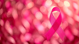 Pink Cancer Awareness Ribbon on Shimmering Bokeh Background