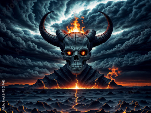 Gigantic skull mountain in hell with burning head and glowing eyes of fire, ominous swirling storm clouds and wasteland of nothing but hot lava.