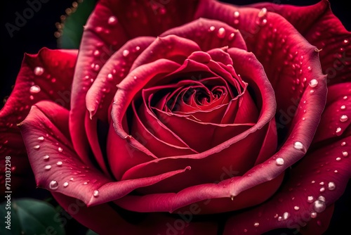 A mesmerizing macro photograph capturing the elegance of a red rose flower with a beautifully blurred natural setting in the background. The impeccable lighting reveals intricate details  resulting