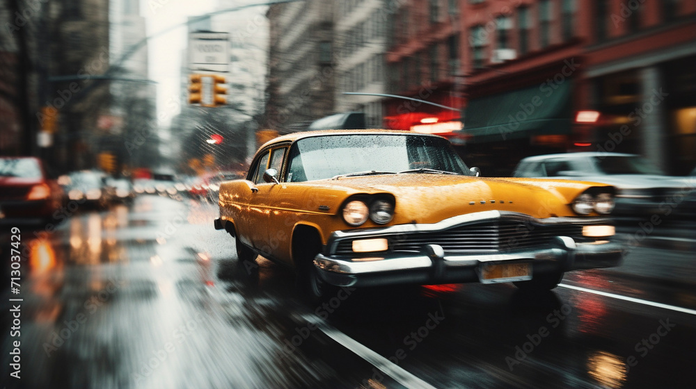 Obraz premium Metropolitan Melody: Yellow Cabs Amidst Urban Chaos, Generative AI