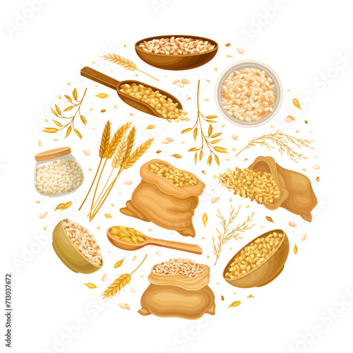 Grain Cereal Round Composition Design with Natural Crop Harvest Vector Template