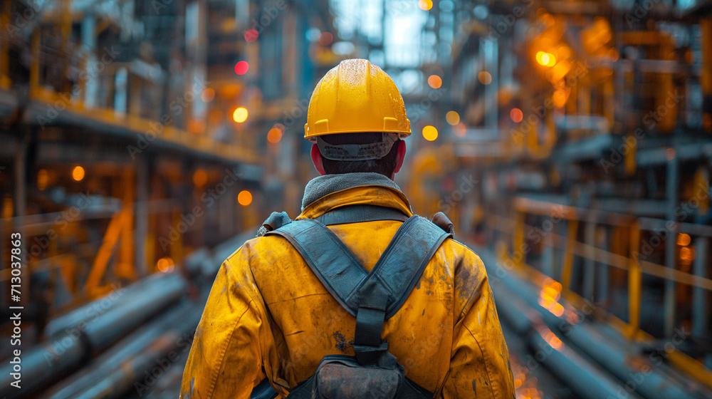Engineer with safety equipment looking back at construction site Strict work area Engineer with safety equipment looking back at construction site Strict work area
