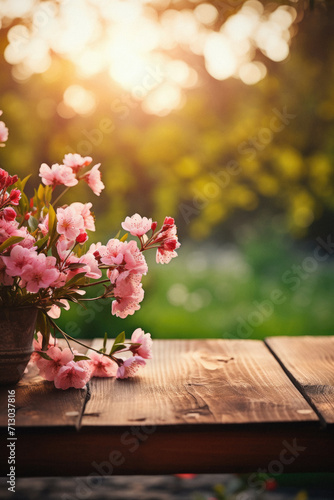Wooden table spring nature bokeh background, empty wood desk product display mockup with green park sunny blurry abstract garden backdrop landscape ads showcase presentation. Mock up, copy space. © Synthetica