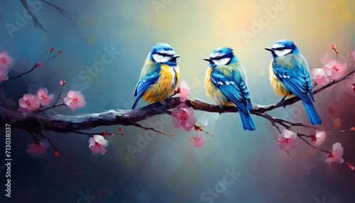 Vibrant blue tits perched on blossoming cherry tree branch in a beautiful spring garden