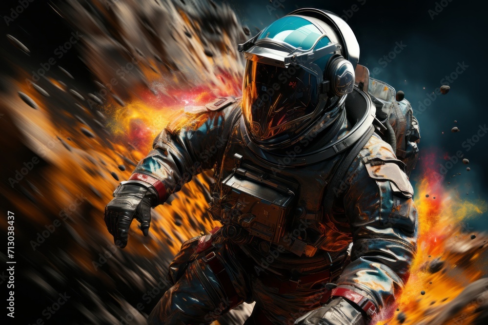 Astronaut Running Through Fire in Space Suit