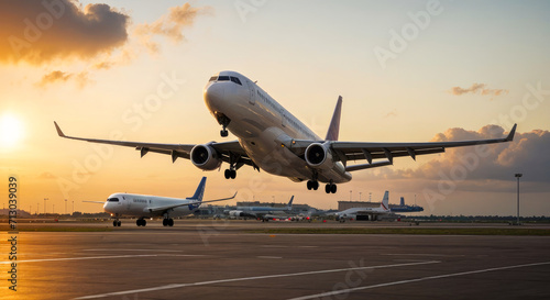 Airplane taking off, landing on runway at sunset. Travel, holiday, business concept. Passenger airplane taking off at sunrise
