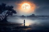 Person Standing on Body of Water Under Full Moon Photo