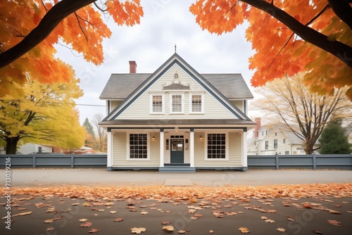 autumn leaves framing a colonial house with gambrel roof photo