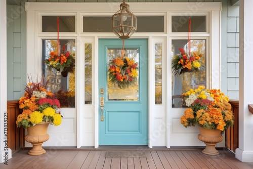 central front door with transom window, flower wreaths photo