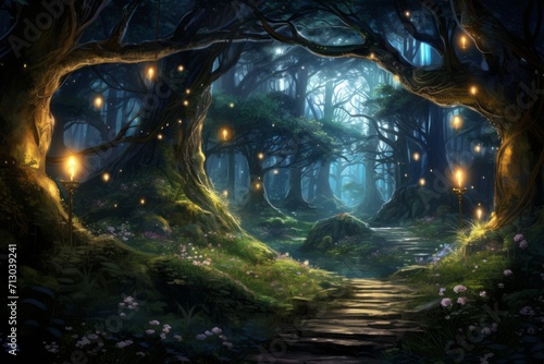 Illuminated Path in Enchanted Forest, A Magical Journey Through a Wonderland of Lights