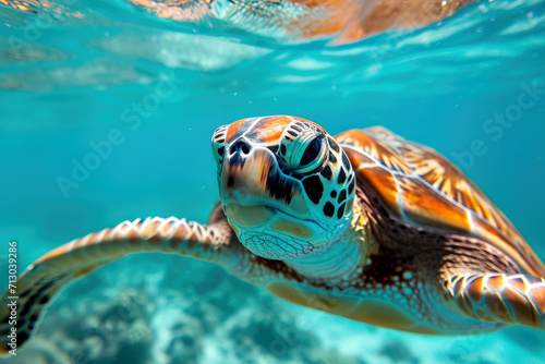 Sea turtle swims under water. Generative AI. © Phichitpon