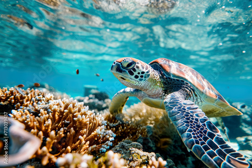 Sea turtle swims under water. Generative AI. © Phichitpon