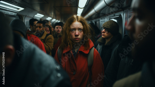 Trainscape Tales: Woman Embarking on Urban Transit, Generative AI © Adolfo Perez Design