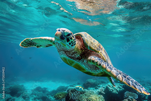 Sea turtle swims under water. Generative AI.
