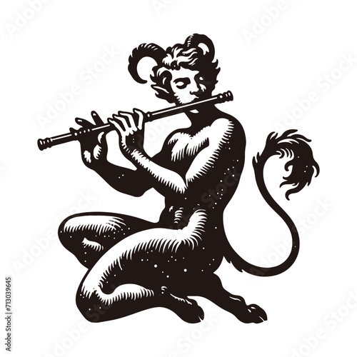 A young mythical satyr playing the flute. Vintage retro engraving illustration. Black icon, logo, label. isolated element. png