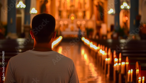 A person in prayer, a church with lit candles., March, Culture and Religion concept, generative ai