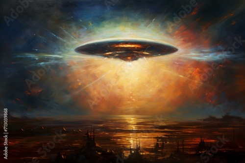 Alien Flying Over City, Intriguing Painting Depicting Otherworldly Encounter in Urban Setting