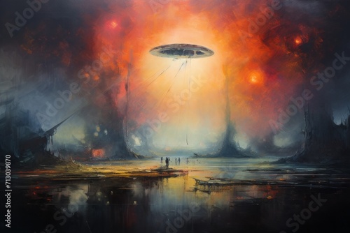 Spaceship Flying Over City, A Captivating Painting Depicting Futuristic Exploration