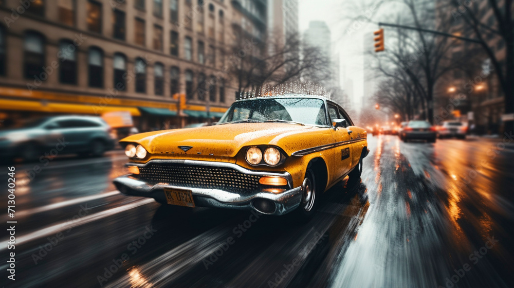 Obraz premium Metropolis Pulse: Taxis in the Heart of Urban Life, Generative AI